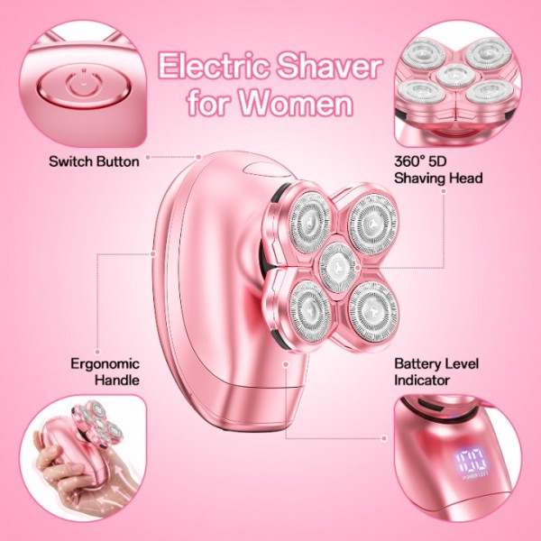 5-in-1 Electric Razors for Women, Portable Electric Shavers for Full Body, Waterproof Wet/Dry, Rechargeable Hair Remover for Lady Legs, Face, Underarms, Lips, Arms